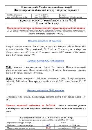 Попередження про найважливіші гідрометеорологічні явища на 26-30 жовтня 2018 року