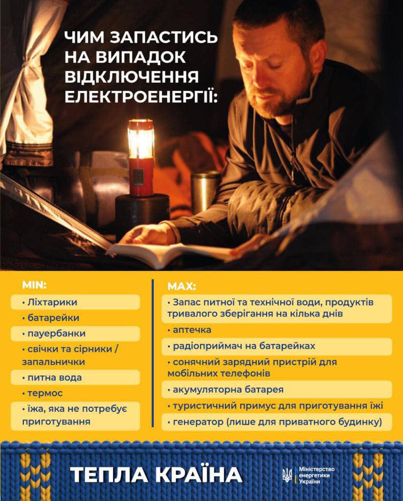 Рекомендації Міністерства енергетики України, чим найнеобхіднішим запастись на випадок відключення електроенергії