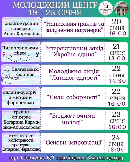 Молодіжний центр Звягеля запрошує до участі у заходах