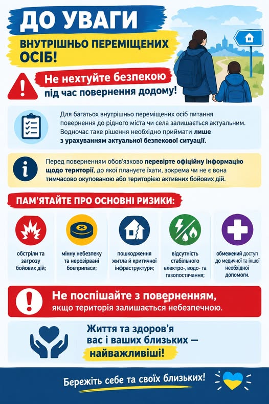 До уваги внутрішньо переміщених осіб! Не нехтуйте безпекою під час повернення додому!