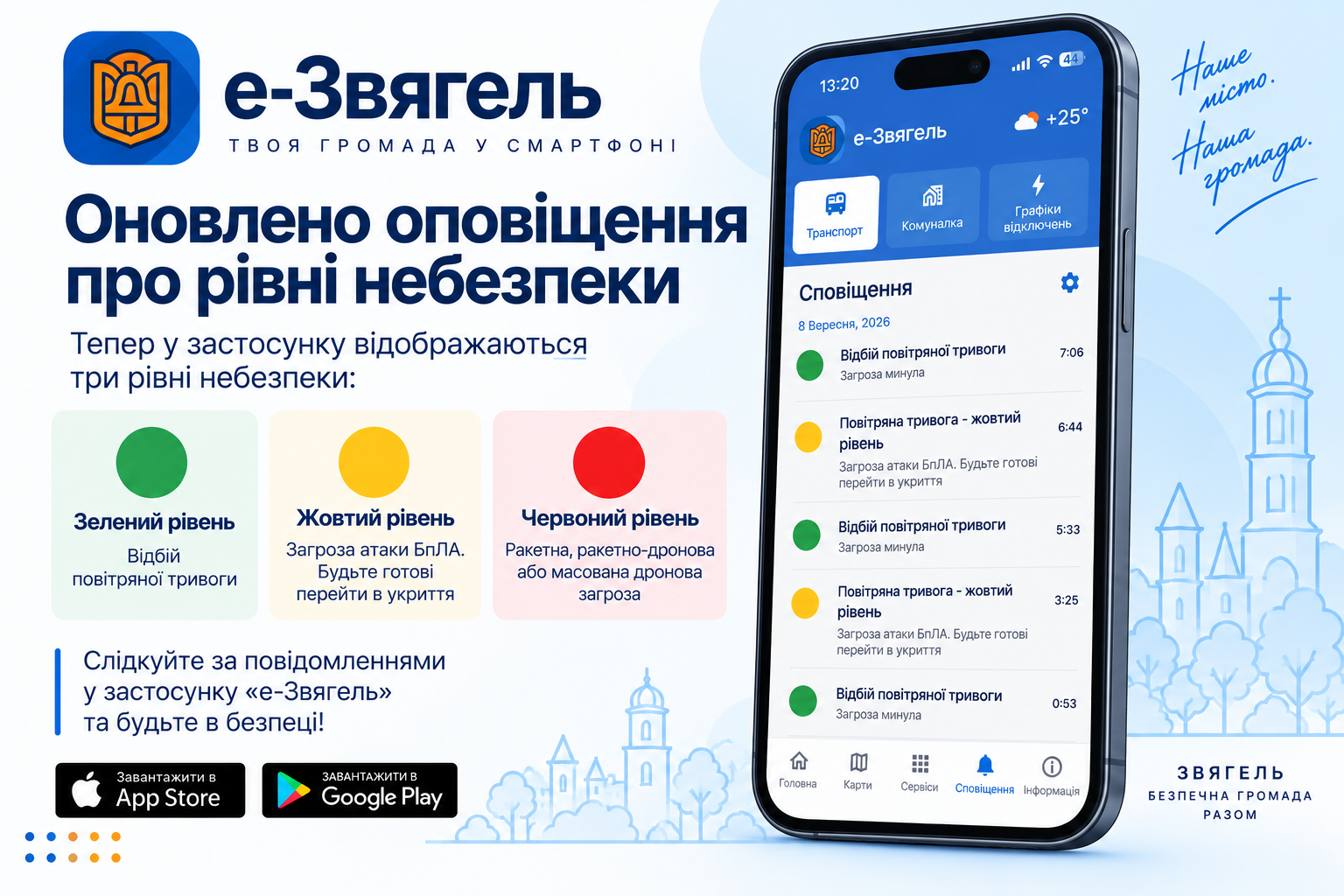 У застосунку «е-Звягель» оновлено систему оповіщення про небезпеку
